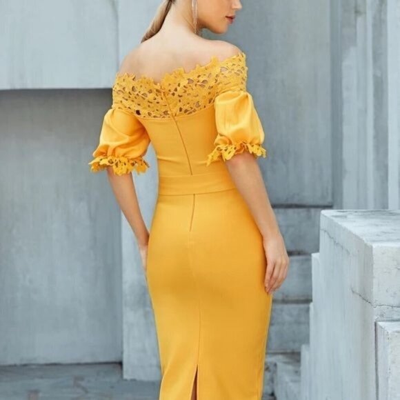 Yellow off the shoulder laser cut dress with lantern sleeves M - Picture 10 of 11